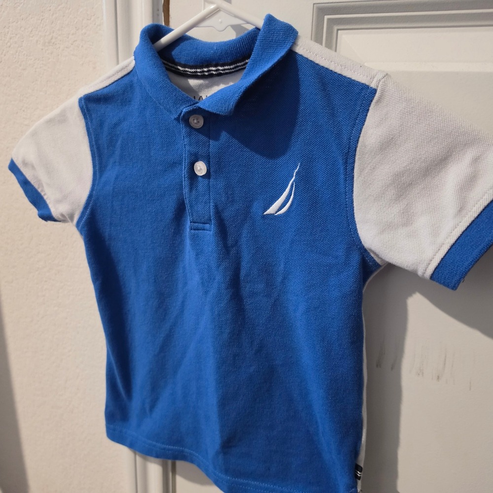 Nautica Boys Blue White Colorblock Logo Polo Shirt Size 3T Short Sleeve Pique